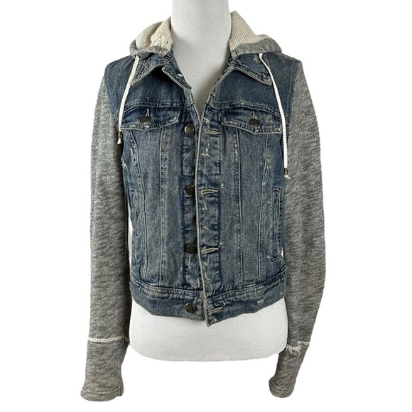 Free People Throwback Denim Jean Hoodie Jacket Sweatshirt Grunge 90s XS - Picture 8 of 16